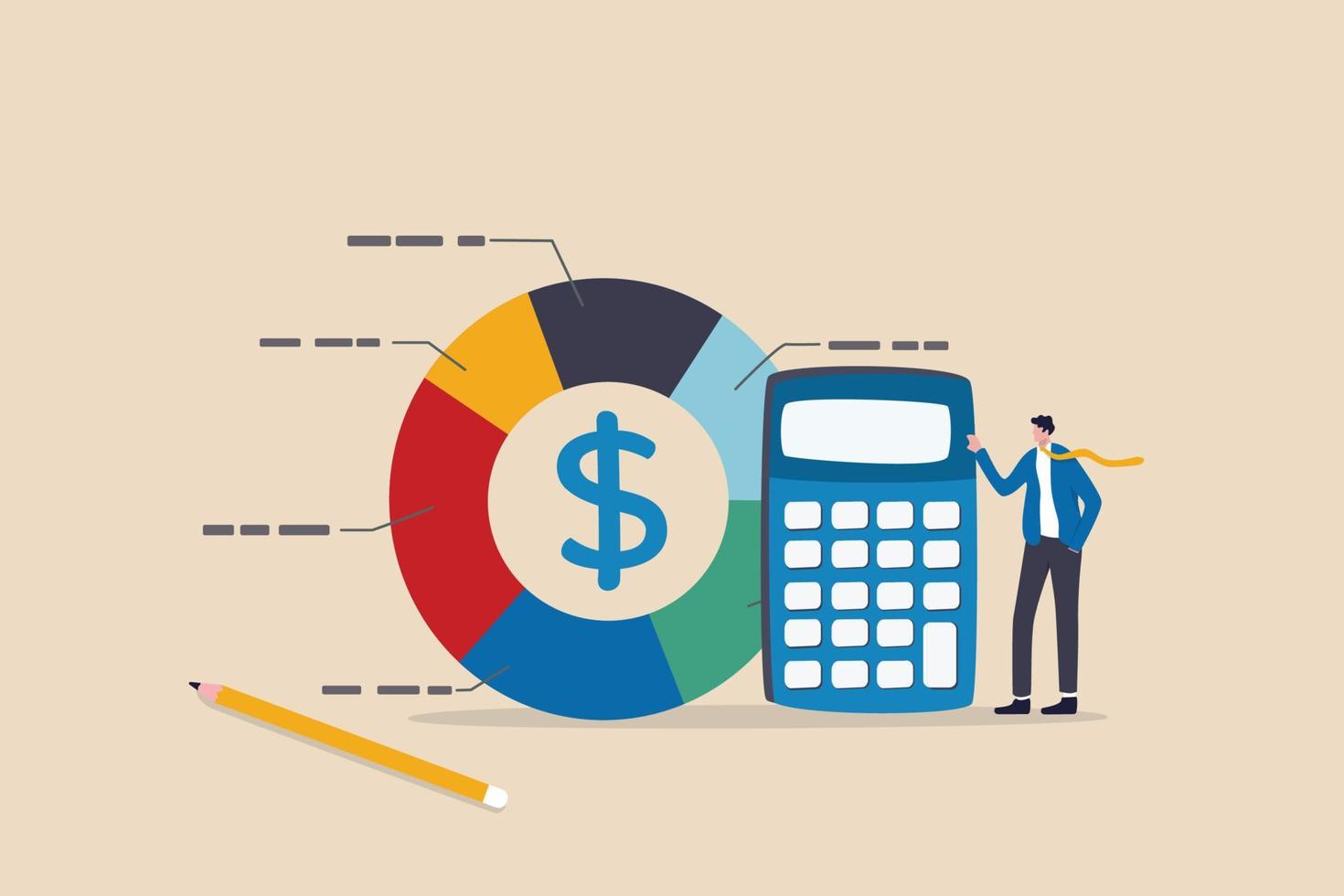Cost structure, expense and income balance calculation, revenue, debt and investment analysis, money management, budget or saving concept, businessman with calculator with pie chart of cost structure. 6470764 Vector Art at Vecteezy